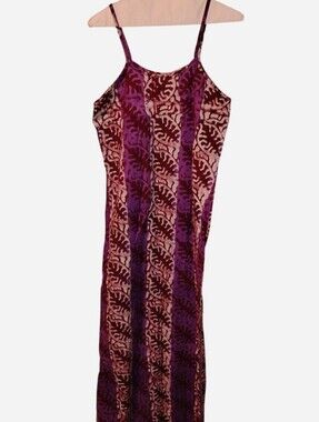 Boho Batik Leaf Print Cami Slip Maxi Dress Purple Plum 47"